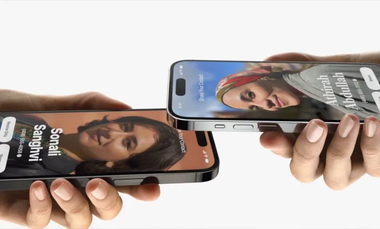 Two iPhones held by hands, displaying contact sharing screens with portraits.