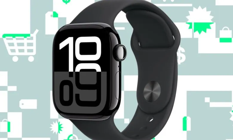 Black Apple Watch with a digital display showing the time, set against a background with shopping icons.