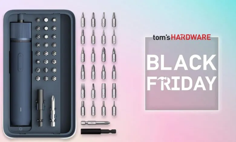 Electric screwdriver set with various bits and Black Friday sale graphic