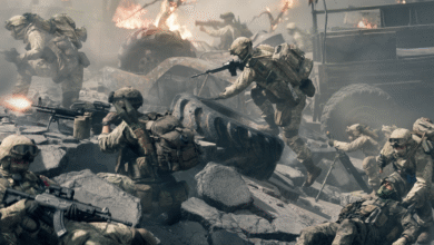 Soldiers in combat gear advancing through rubble with explosions in the background.