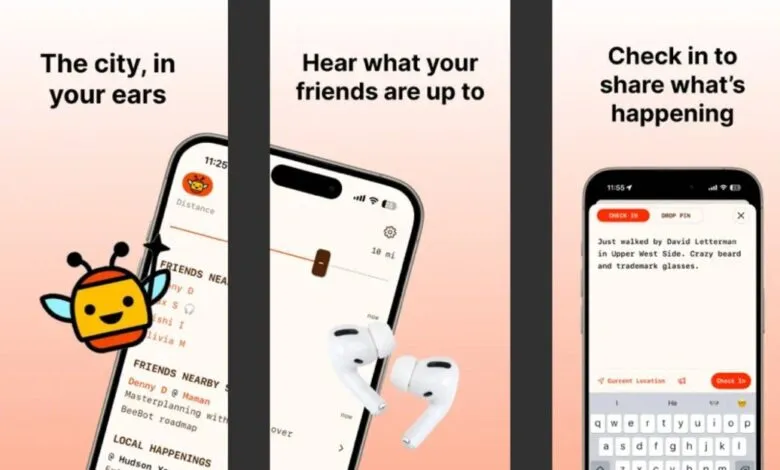 Screenshots of the BeeBot app showing social location sharing features.