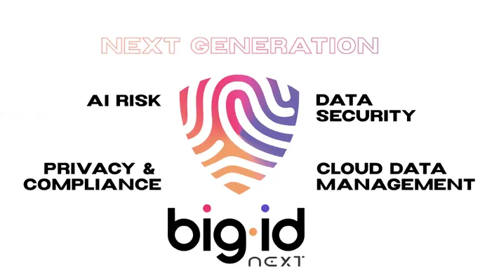 BigID logo with fingerprint shield and text about data security and AI risk.