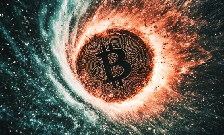 A Bitcoin symbol is centered within a swirling vortex of cosmic dust and nebulae.