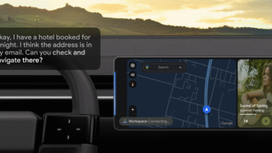 Car dashboard showing Google Maps navigation and music player with voice command prompt.