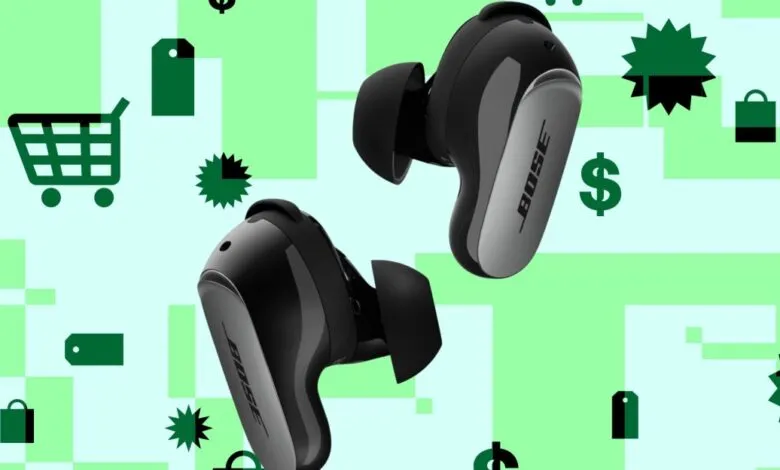 Pair of black Bose QuietComfort Ultra Earbuds with silver accents on a light blue and green background with shopping icons.