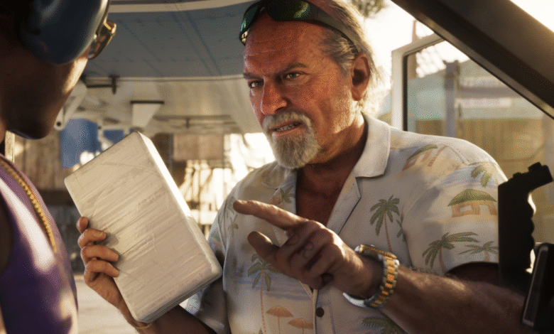 Man in Hawaiian shirt holds package, talks to person in helicopter.