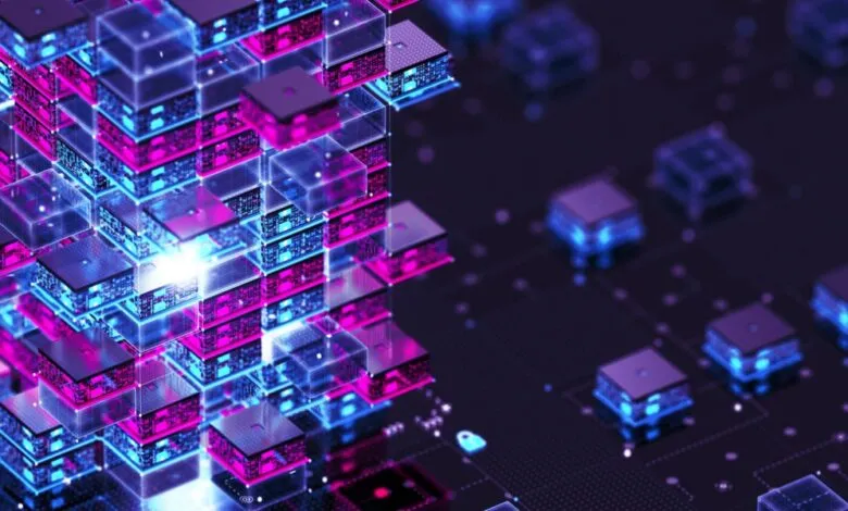 Abstract digital network of glowing blue and pink cubes stacked in a grid.