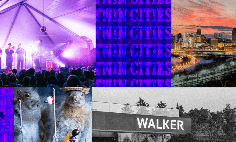 Collage of Twin Cities scenes: concert, cityscape, squirrels, and Walker Art Center.