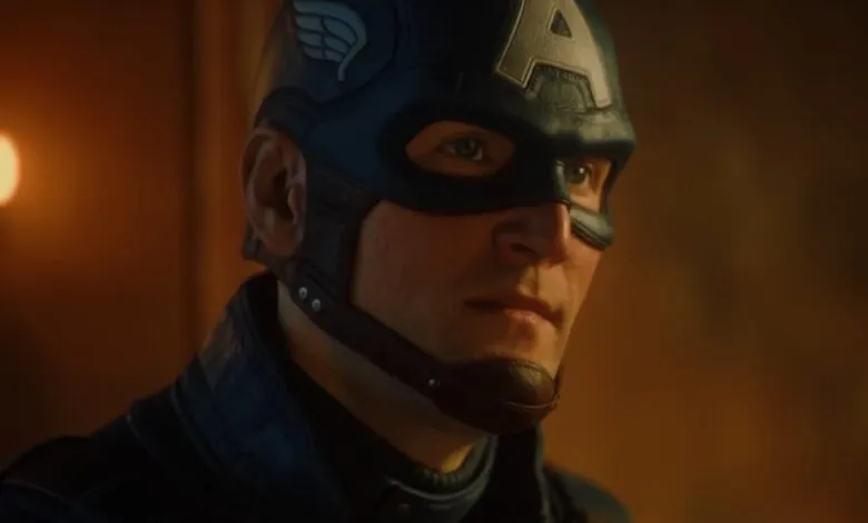 Close-up of Captain America's face wearing his iconic helmet and mask.