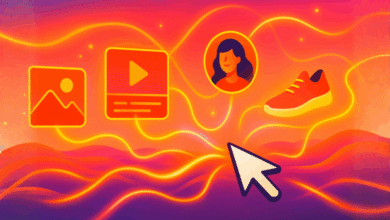 Cursor hovering over icons representing images, video, profile, and a shoe against a vibrant, glowing background.