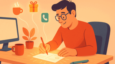 Man at desk writing, with icons for coffee, gift, and phone floating above.