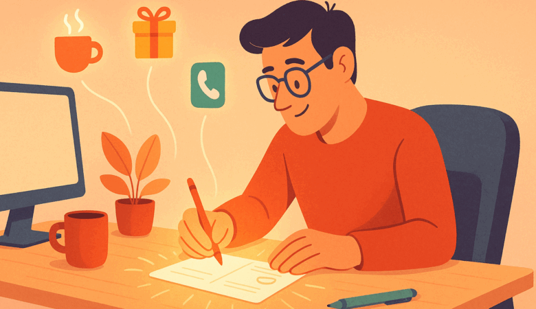 Man at desk writing, with icons for coffee, gift, and phone floating above.