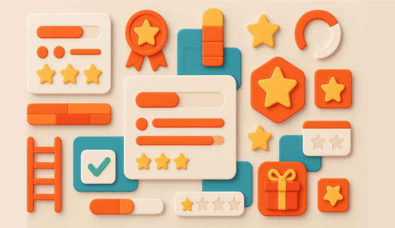3D icons representing gamification elements like stars, progress bars, and rewards.