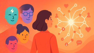 Illustration of a woman looking at a network of diverse people icons and social media symbols.