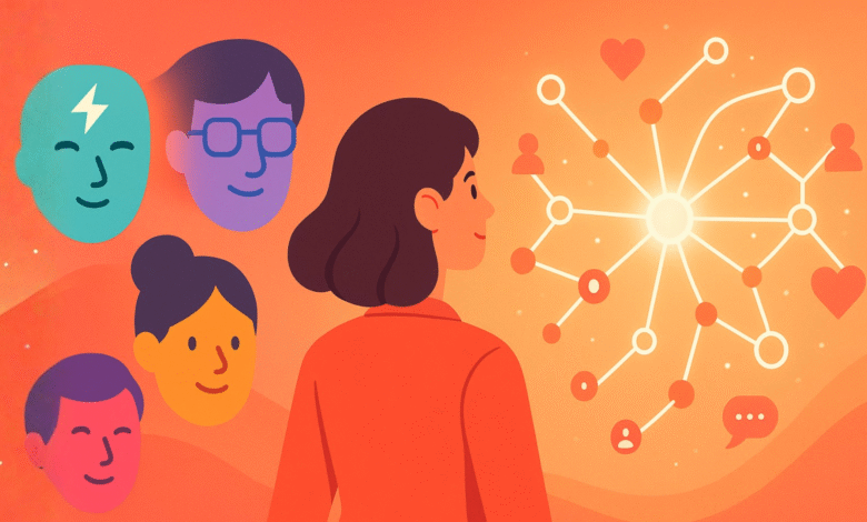 Illustration of a woman looking at a network of diverse people icons and social media symbols.