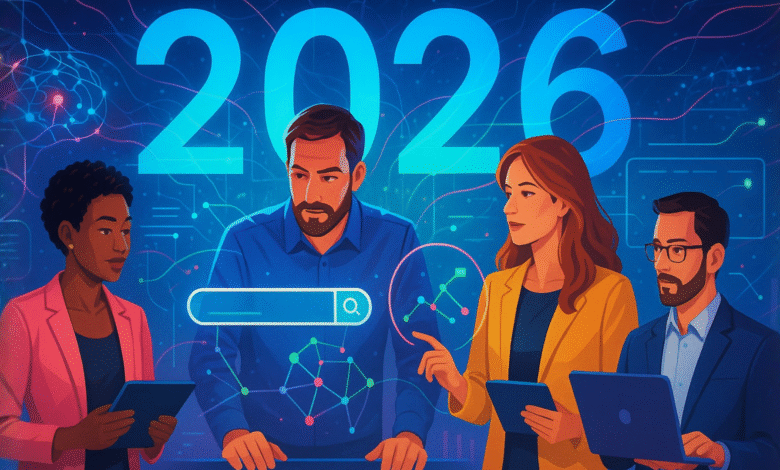 Diverse team collaborating on AI and search technology in 2026.