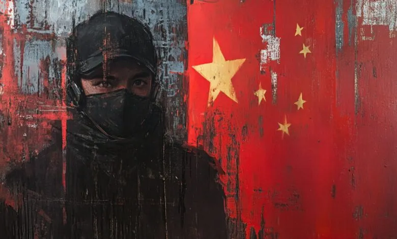 A person wearing a black cap and mask stands before the Chinese flag.