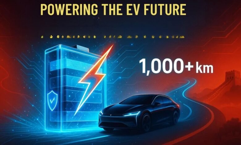 Electric car battery with lightning bolt and 1,000+ km range indicator.