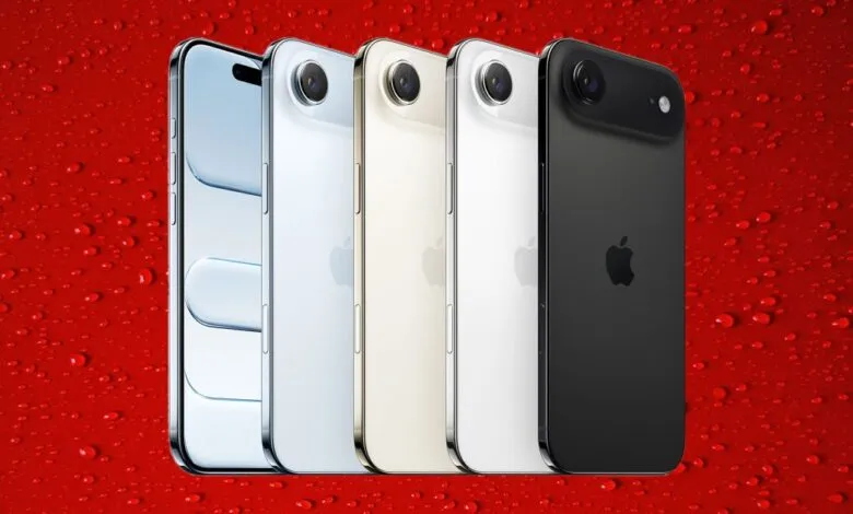 Five iPhones in different colors lined up against a red, water droplet background.