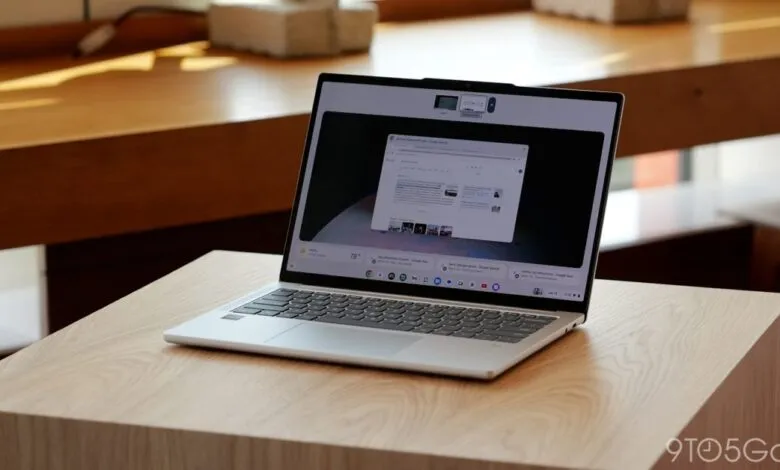 Lenovo Chromebook Plus 14 open on a wooden table, displaying Chrome OS interface.
