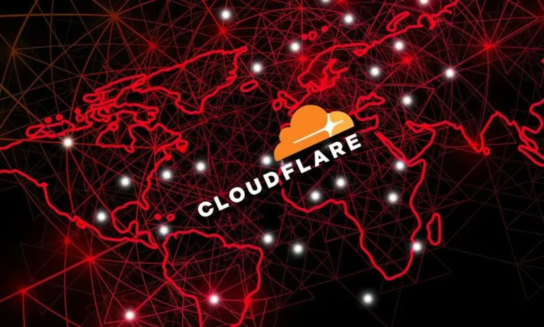 Cloudflare logo overlaid on a red network map of the world with glowing nodes.