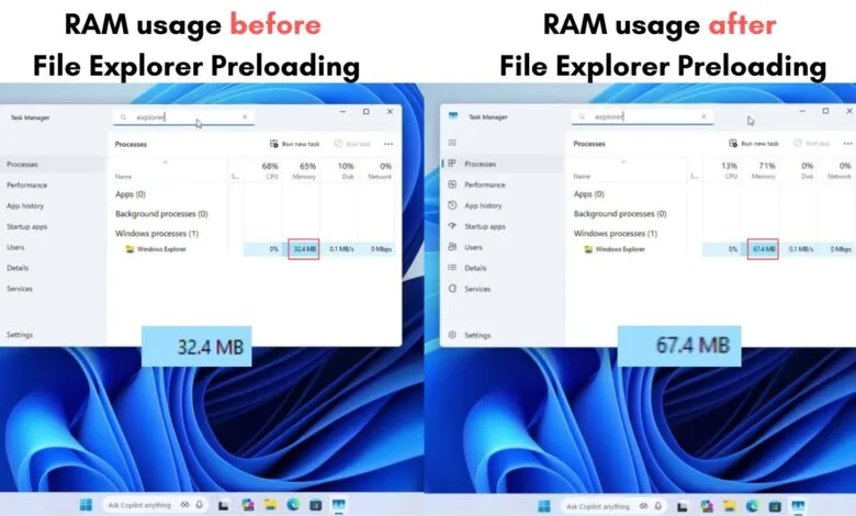 File Explorer RAM usage comparison before and after preloading feature.
