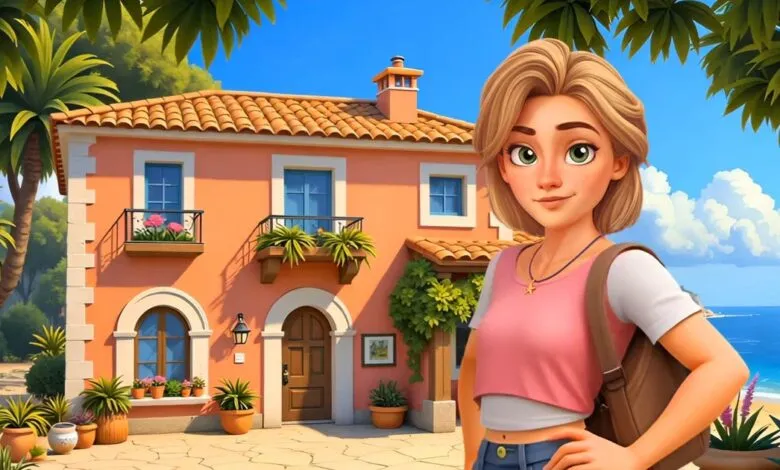 Animated young woman with blonde hair and green eyes stands in front of a peach-colored house by the sea.