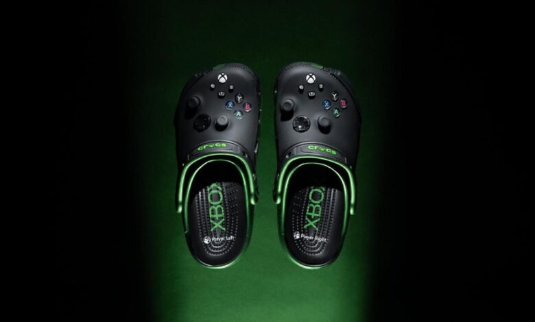 Xbox Crocs: Black clogs with controller buttons and green accents.