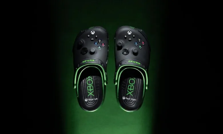 Xbox Crocs: Black clogs with controller buttons and green accents.