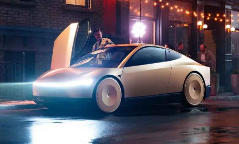 A sleek, futuristic white coupe with gull-wing doors open, parked on a wet city street at night.
