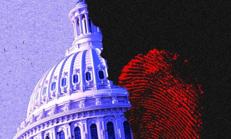 The U.S. Capitol dome overlaid with a large red fingerprint against a dark background.