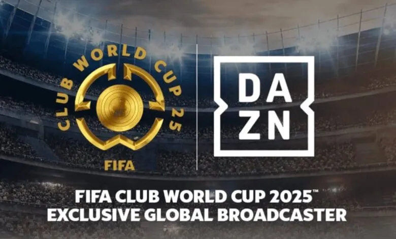 FIFA Club World Cup 2025 logo and DAZN logo against a stadium backdrop.
