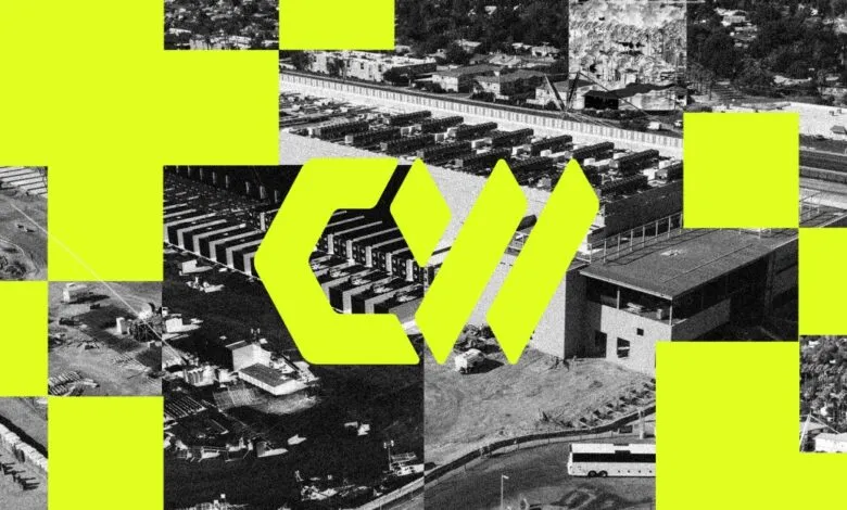 Abstract collage of industrial aerial views with a large neon yellow 'CV' logo overlay.