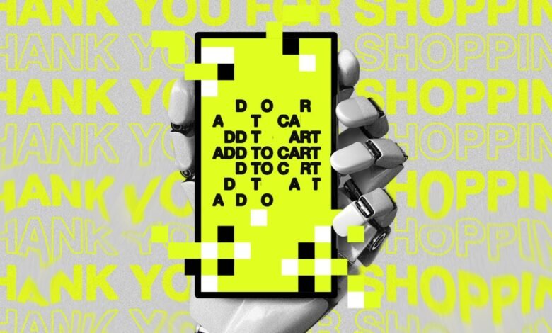 Robotic hand holding a smartphone displaying 'Add to Cart' text with pixelated graphics.