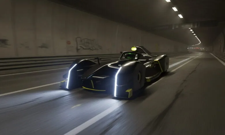 Sleek black futuristic race car with glowing white and yellow accents driving through a dark tunnel.