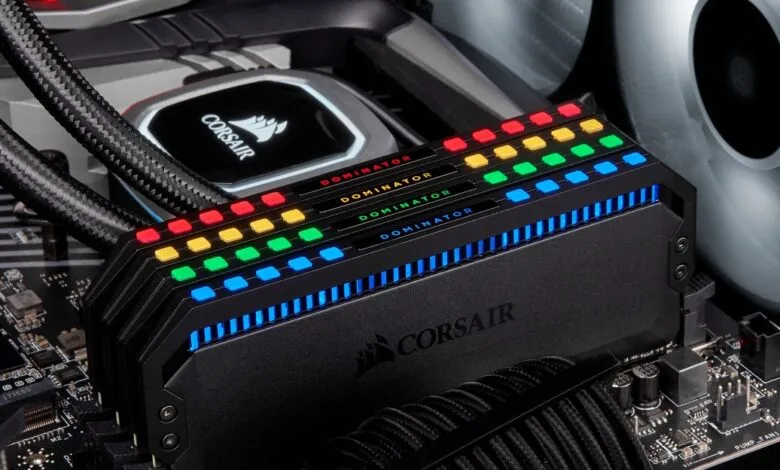 Corsair Dominator Platinum RGB RAM module installed on motherboard.