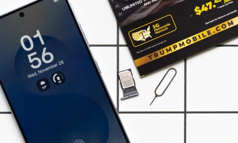 Smartphone displaying time, SIM card, and Trump Mobile advertisement.