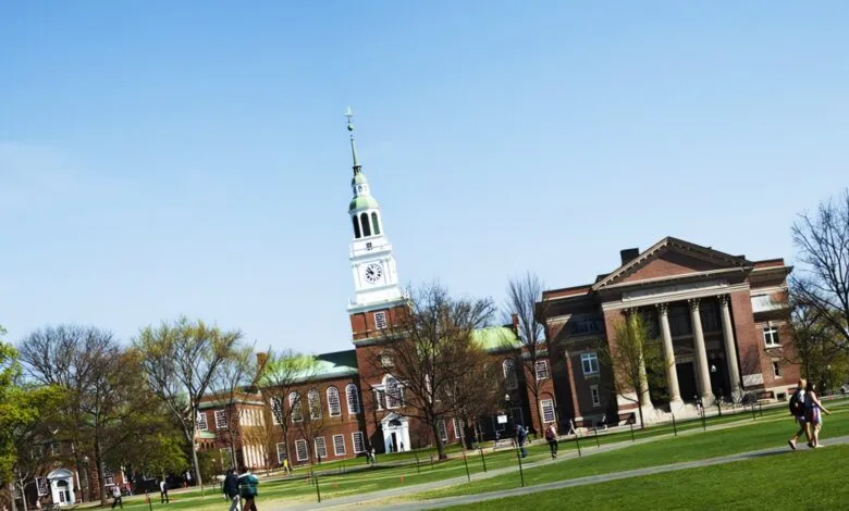 Dartmouth College campus view with Baker-Berry Library and green lawn.