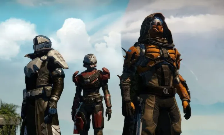 Three armored figures stand against a bright, cloudy sky.