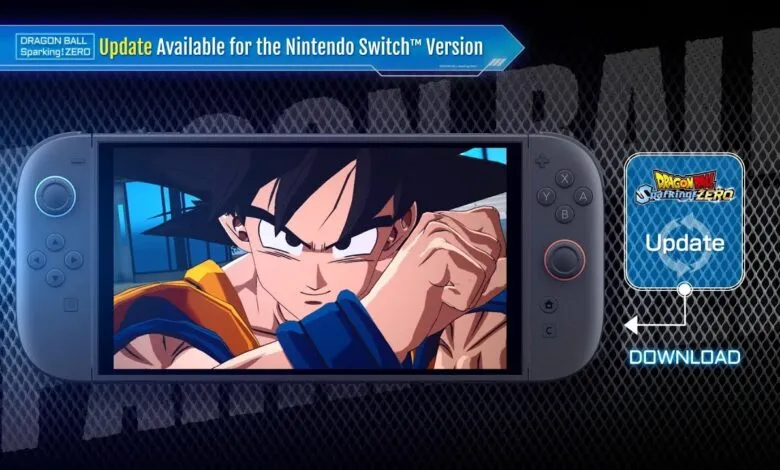 Goku from Dragon Ball Z on a Nintendo Switch screen with an update notification.