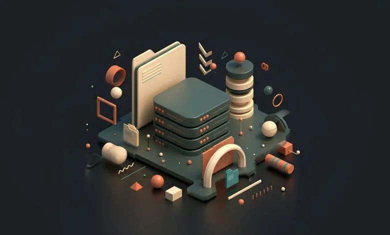 Isometric 3D illustration of abstract data storage and organization elements.