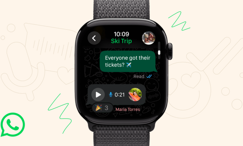 Close-up of a black Apple Watch displaying a WhatsApp chat with a message about ski trip tickets.