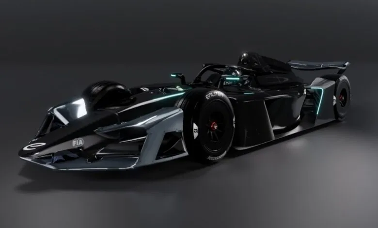 Sleek, futuristic black Formula E race car with glowing blue accents.