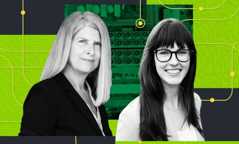 Two women with a background of a cryptocurrency mining facility and digital circuit patterns.