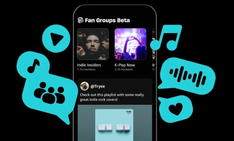 Screenshot of Amazon Music Fan Groups Beta app interface with music icons.
