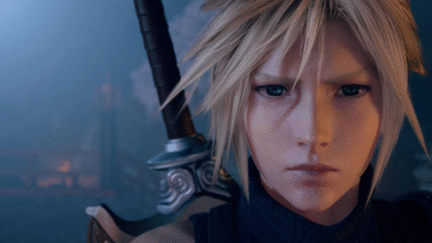 Close-up of Cloud Strife's determined face from Final Fantasy VII Rebirth, with his iconic sword visible.