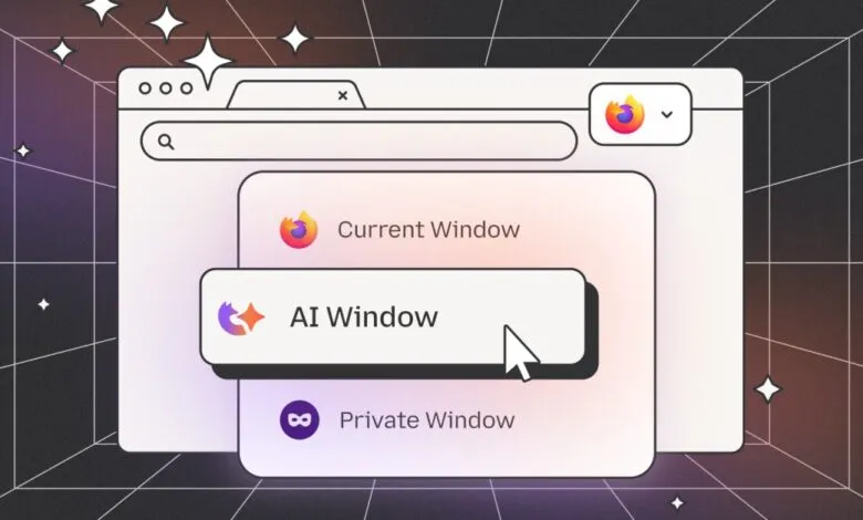 Illustration of Firefox browser windows, including AI, Current, and Private modes.