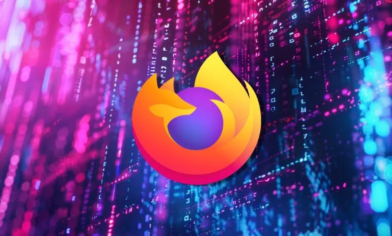 The Firefox logo with a fox curled around a purple orb, set against a digital background of binary code.