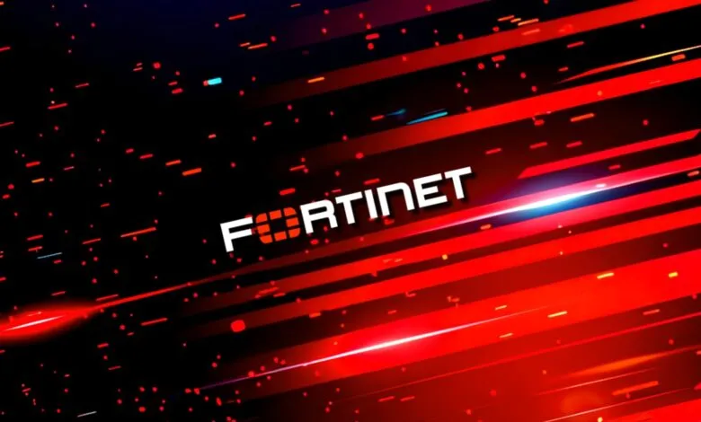 Fortinet logo with a dynamic red and black abstract background.