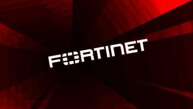 The Fortinet logo in white against a dark red, abstract background.